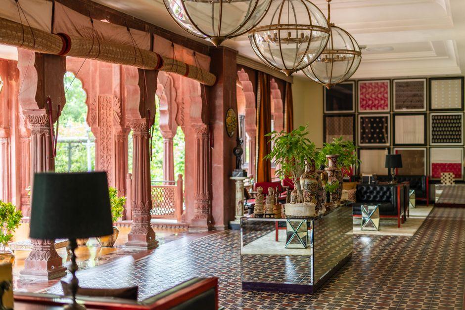Boutique hotel lobby interior with luxury furnishings